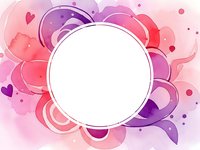 Watercolor pink purple abstract frame with hearts and circles on white background for romantic design projects and Valentine decorations.