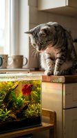 Tabby and white cat looking down at aquarium with red betta fish inside, domestic pet observing aquatic life in home interior setting.