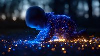 Glowing silhouette of person collecting magical light particles against dark background, illuminated by blue and golden sparkles creating ethereal atmosphere.