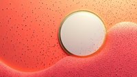 Minimalist round gold frame on coral pink gradient background with scattered dots pattern creates modern abstract composition for luxury design projects.