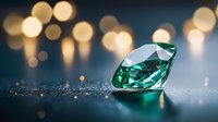 Green emerald cut gemstone on dark surface with golden bokeh lights in background, luxury jewelry concept with dramatic lighting and reflection.