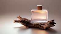 Elegant perfume bottle with wooden cap displayed on natural driftwood against soft beige background, showcasing luxury fragrance product.