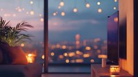 Cozy evening cityscape view through window with glowing candles, houseplant and bokeh lights creating romantic atmosphere at dusk. Modern home interior setting.