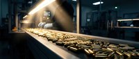 Industrial conveyor belt transporting golden grain or cereal products in modern food processing facility with warm lighting and manufacturing equipment.