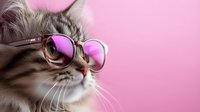 Stylish tabby cat wearing pink sunglasses against vibrant pink background for trendy pet fashion and social media content.
