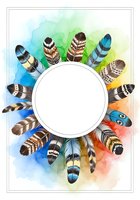 Colorful feathers arranged in a circular frame around a blank white center, isolated on watercolor background in rainbow hues, ready for design and customization projects.
