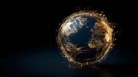Glowing golden particles and light trails orbit around planet Earth against dark background, creating dynamic global connection visualization effect.