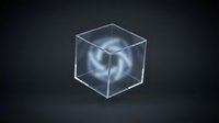 Transparent glass cube with glowing blue swirling energy vortex inside, isolated on dark background for design and digital projects.