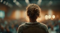 Young woman with messy bun hairstyle wearing knitted sweater viewed from behind in warm bokeh lighting atmosphere for lifestyle and fashion concepts.
