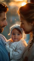 Young parents with baby at sunset, backlit portrait showing tender family moment. Warm golden light creates dreamy atmosphere as couple holds infant wearing white outfit.
