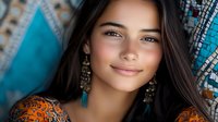 Young Hispanic woman with long dark hair and natural makeup smiling warmly at camera, wearing ornate earrings and ethnic style top against turquoise and orange patterned background.