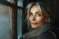 Mature Caucasian woman with blonde hair gazing thoughtfully through window, wearing gray scarf. Natural daylight creates atmospheric mood with soft focus background.