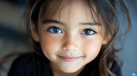 Young Asian girl with bright blue eyes and gentle smile looking at camera, soft natural lighting creates warm atmosphere for childhood portraits and family photography.