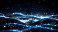 Glowing blue waves of light and particles flow across dark background creating magical ethereal effect with sparkles and bokeh elements.