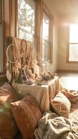 Cozy bohemian bedroom corner with dreamcatchers, crystals, and warm sunlight streaming through windows creating peaceful morning atmosphere.