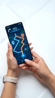 Hands holding smartphone displaying GPS navigation app with glowing route path and location markers on digital map interface for mobile technology and travel.