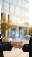 Business professionals shaking hands with digital security network hologram representing cybersecurity partnership and data protection collaboration.