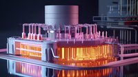 Futuristic quantum computer processor with glowing pink and orange lights illuminating circuit architecture against dark background for advanced computing technology.