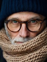 Close-up portrait of elderly Caucasian man with glasses, knit scarf and beanie hat showing warm winter clothing and mature lifestyle concept.