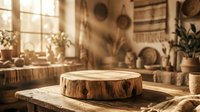 Wooden round podium on rustic table in sunlit boho studio with woven decor, plants and natural light for product display and lifestyle photography.