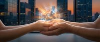 Hands holding glowing digital sphere with network connections against urban skyline at sunset, representing technology collaboration and innovation.