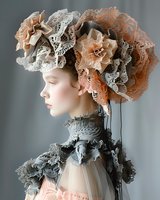 Young woman in Victorian-inspired fashion wearing elaborate lace headdress and ruffled collar in peach and gray tones, photographed in profile against neutral background.