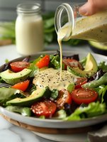 Pouring creamy poppy seed dressing over fresh garden salad with sliced avocado, cherry tomatoes and mixed greens on ceramic plate, close up food photography.