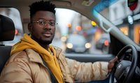 Young African American male rideshare driver wearing glasses and yellow hoodie smiles while sitting in car during evening city commute. Professional portrait for transportation services.