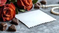 Romantic composition with coral roses, heart-shaped chocolate pralines and blank white card on textured gray background. Pearl necklace adds elegant touch. Perfect for Valentine's day design.