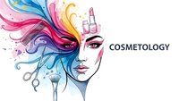 Cosmetology concept with stylized female face featuring colorful flowing hair and beauty tools for salon and spa industry branding.