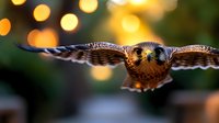 Majestic falcon soaring with outstretched wings against blurred golden bokeh lights background, showcasing powerful flight and predatory grace in nature.