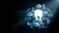 Digital security concept with glowing lightbulb surrounded by cloud computing icons and mobile device symbols on dark technological background.