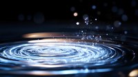 Mesmerizing spiral ripple on dark water surface with glowing light reflections and floating droplets creating magical atmosphere for meditation backgrounds.