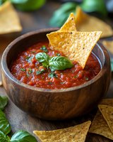 Fresh homemade salsa with tortilla chips served in wooden bowl, garnished with basil leaves, close up view of Mexican appetizer on rustic table.
