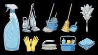 Cleaning supplies collection with spray bottle, vacuum, mop, broom, gloves, brush, basket, and cloth isolated on transparent background. Ready for t-shirt design, clipart, stickers, and print-on-demand products.