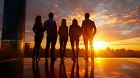 Group of young diverse people standing together watching dramatic sunset over city skyline, silhouettes reflected in water surface. Perfect for friendship and unity concepts.