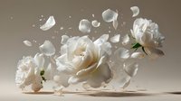 White roses with scattered petals floating in air against neutral background for romantic wedding decoration and floral design projects.
