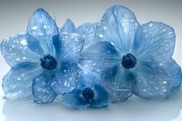 Delicate blue crystal flowers with water droplets on petals against light background, creating ethereal translucent effect. Artistic nature-inspired arrangement.