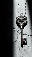 Ornate silver vintage key with crown motif lit by dramatic spotlight on cracked stone surface, evoking mystery, power, and secret access.