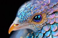 Mystical dragon head with iridescent scales in vibrant blue, purple and gold tones featuring detailed texture and a striking cosmic eye against dark background.