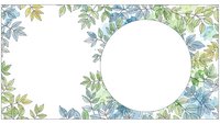 Watercolor botanical frame with green and blue leaves surrounding white circle space for text or logo on light background for wedding invitations.