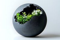 Dark spherical concrete planter with lush green plants and white flowers growing inside, isolated on white background.