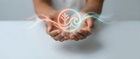 Hands holding glowing holographic leaf and spiral wellness symbol, representing sustainable growth, eco-friendly innovation, and natural health solutions for business and environmental concepts.