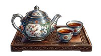 Ornate teapot set with two cups on decorative wooden tray, featuring blue porcelain with floral motifs and gold accents, ideal for tea service designs and traditional beverage presentations.