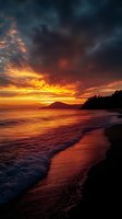 Dramatic orange sunset over ocean coastline with dark stormy clouds and waves crashing on sandy beach, silhouetted mountains and cliffs create moody seascape atmosphere.