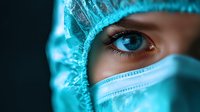 Close-up of medical professional's intense blue eye wearing surgical mask and cap in turquoise color against dark background, conveying healthcare dedication.