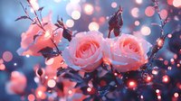 Delicate pink roses with morning dew drops against blurred bokeh lights background in dreamy pink and blue tones, creating magical garden atmosphere.