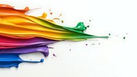 Vibrant rainbow paint splashes flowing horizontally with dynamic liquid motion effect on white background, creating colorful abstract art composition for creative design projects.