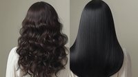Long dark hair shown in two styles - voluminous curly waves and straight sleek finish, demonstrating professional hair styling transformation and beauty treatment results.