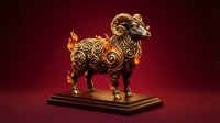 Golden ornate ram sculpture with decorative swirls and flames on wooden base against burgundy background for luxury decor and Chinese zodiac themes.